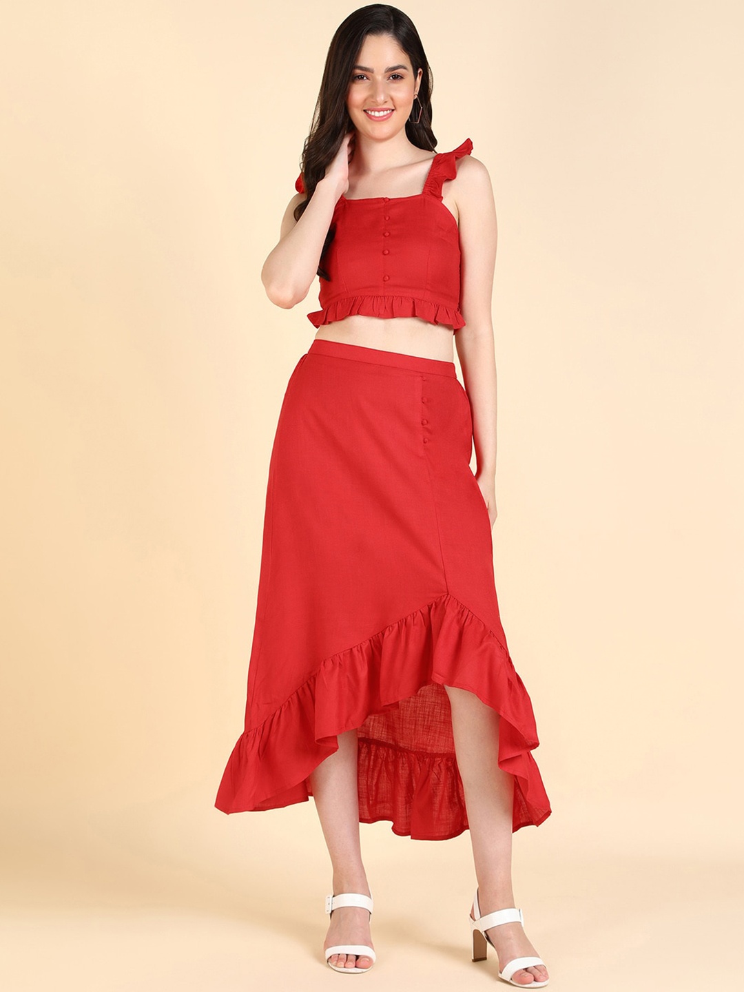 

MALHAAR Shoulder Straps Ruffles Top & Skirt, Red