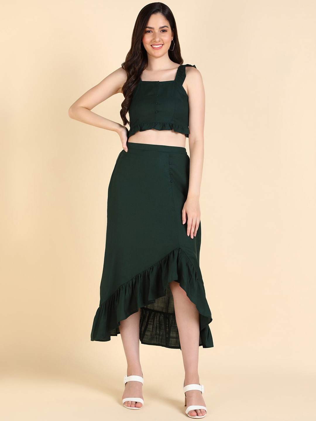 

MALHAAR Shoulder Straps Ruffles Top & Skirt, Green