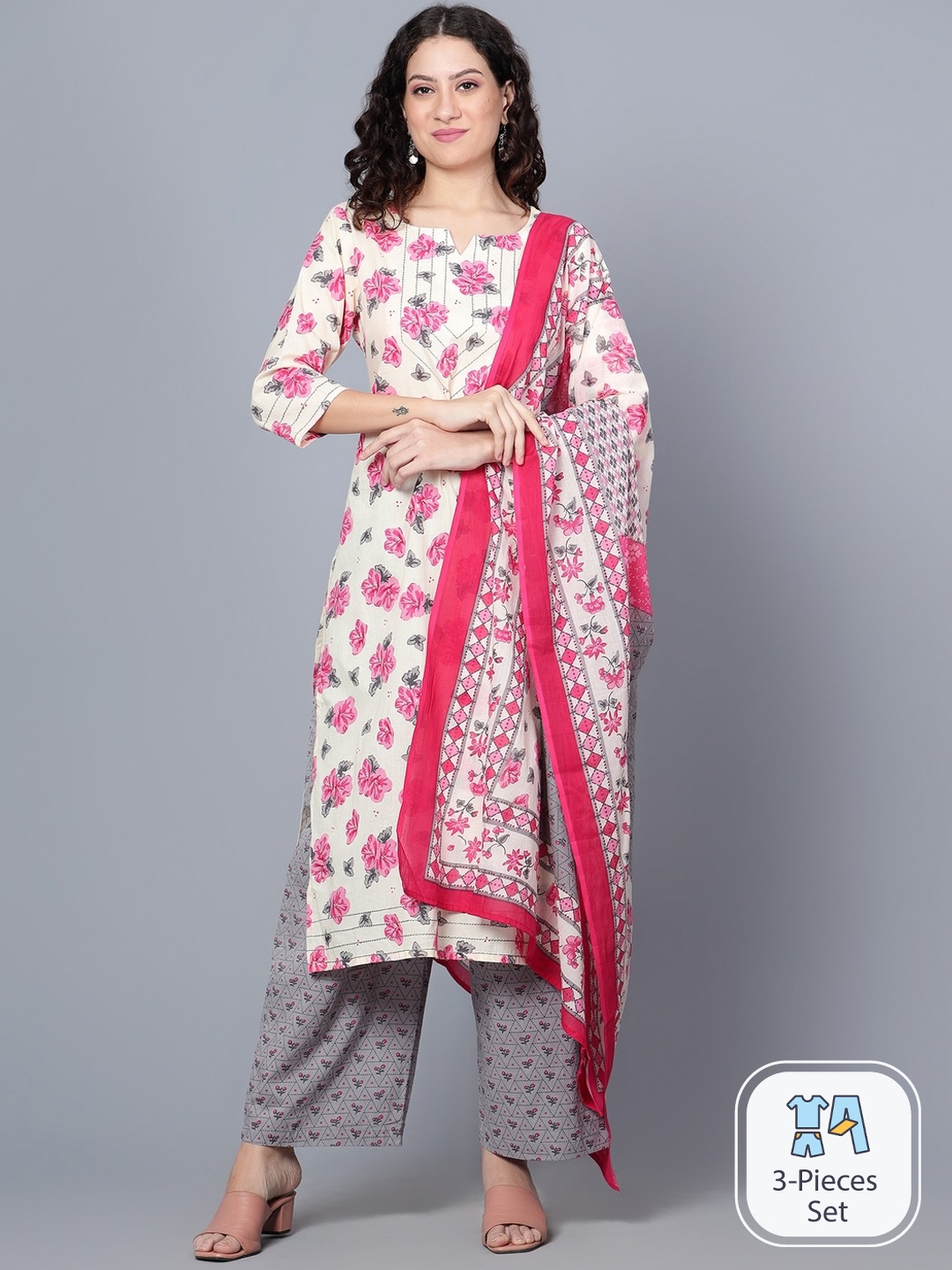 

Idalia Floral Printed Regular Pure Cotton Kurta & Palazzos With Dupatta, Pink