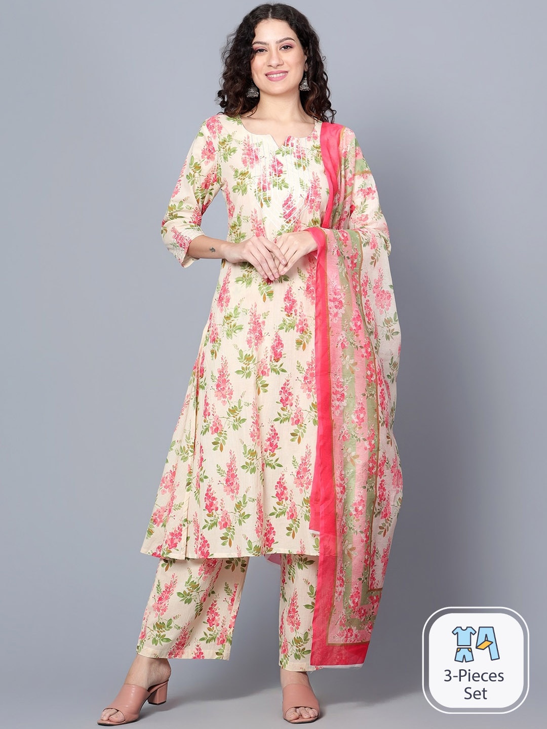 

Idalia Floral Printed Regular Pure Cotton Kurta & Palazzos With Dupatta, Green