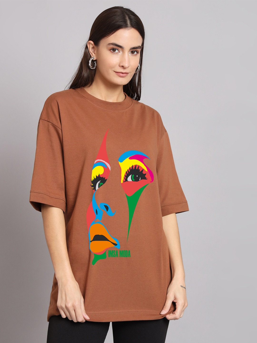 

Imsa Moda Graphic Printed Oversized Longline Cotton T-shirt, Brown