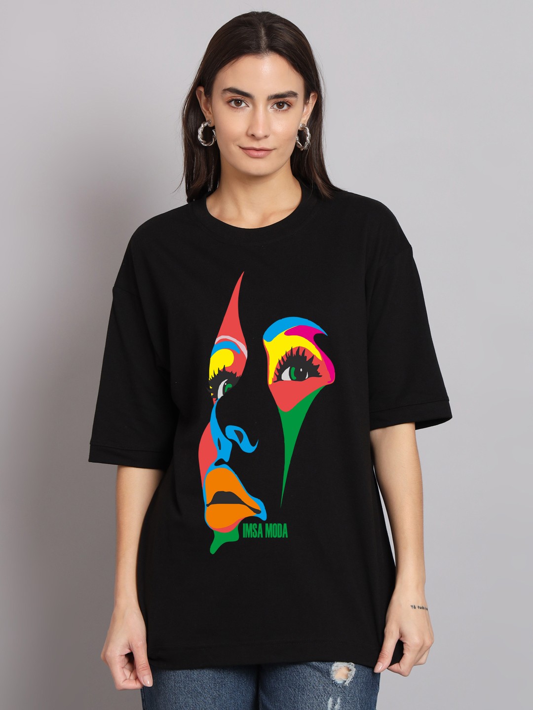 

Imsa Moda Graphic Printed Oversized Longline Cotton T-shirt, Black