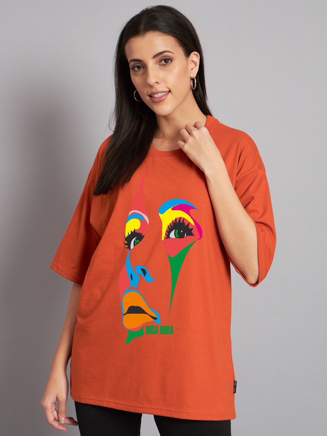 

Imsa Moda Graphic Printed Oversized Longline Cotton T-shirt, Orange