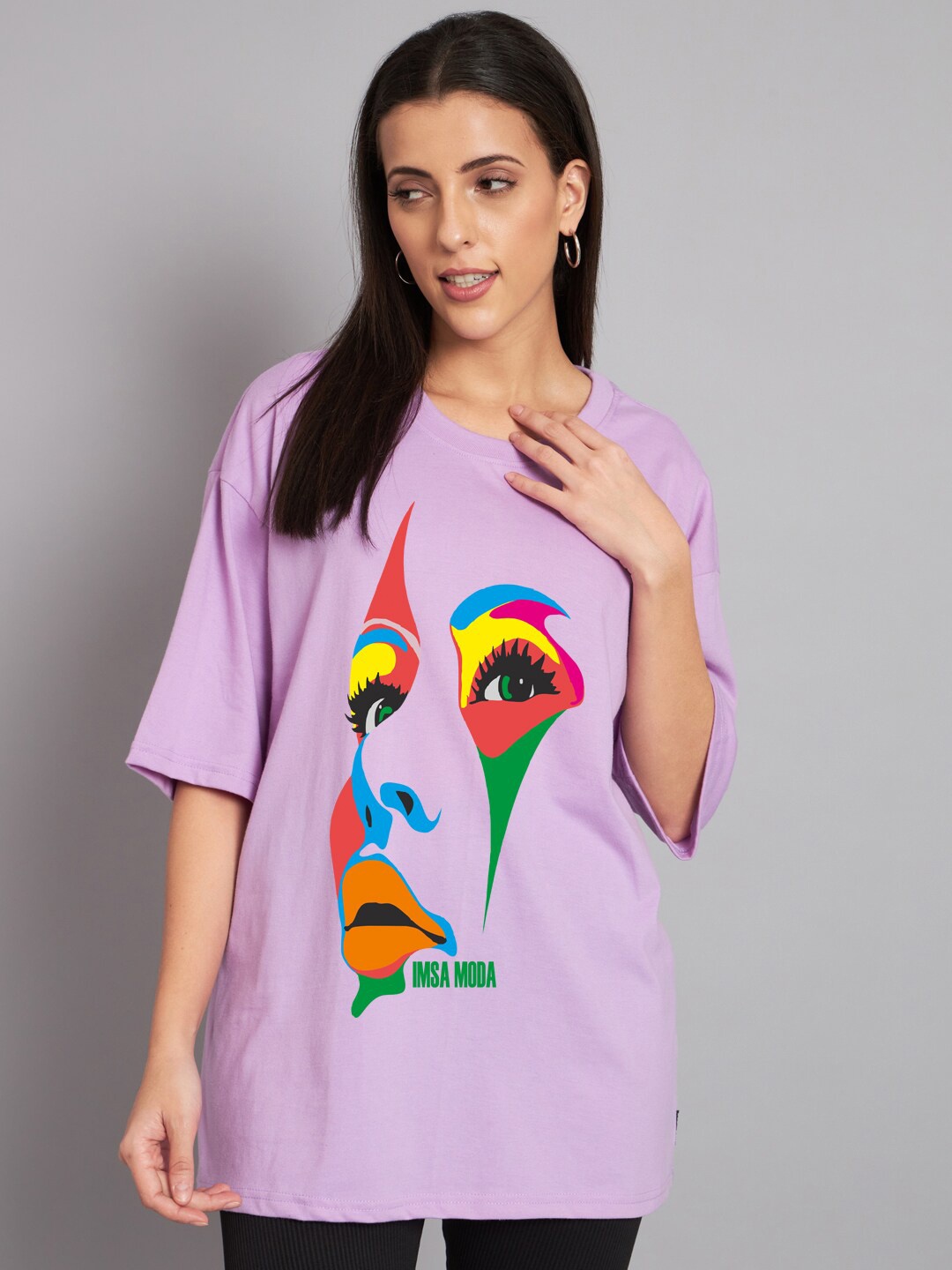 

Imsa Moda Graphic Printed Drop-Shoulder Sleeves Cotton T-shirt, Lavender