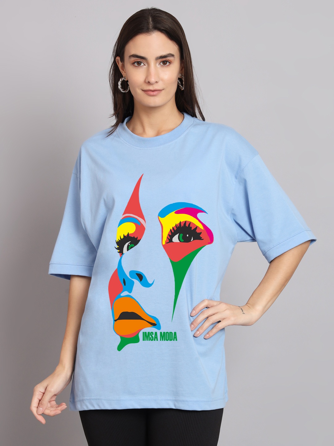 

Imsa Moda Graphic Printed Drop-Shoulder Sleeves Cotton T-shirt, Blue