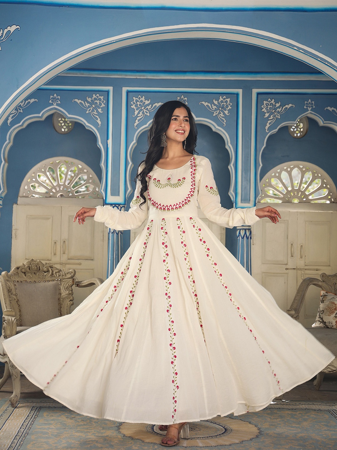 

Rangeelo Floral Embroidered Cotton Fit & Flare Maxi Ethnic Dress, White