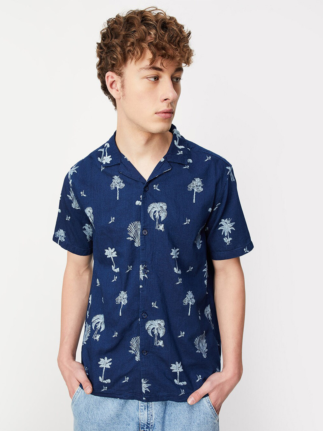 

max Floral Printed Spread Collar Pure Cotton Casual Shirt, Blue