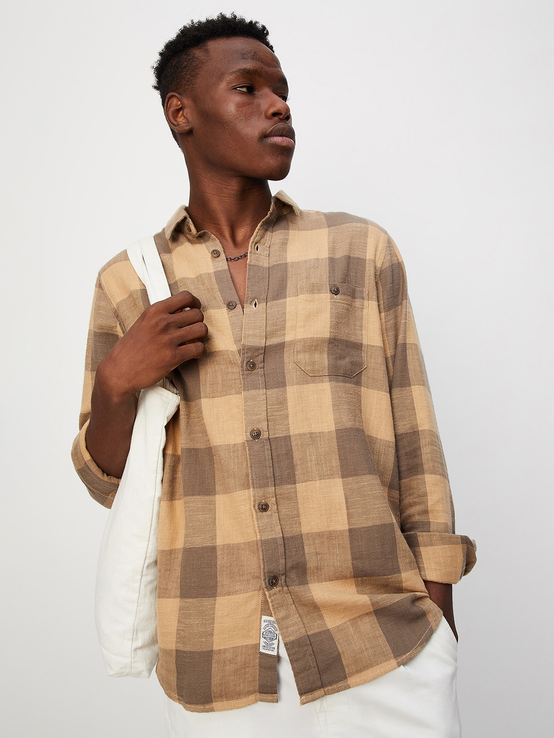 

max Checked Spread Collar Pure Cotton Casual Shirt, Brown