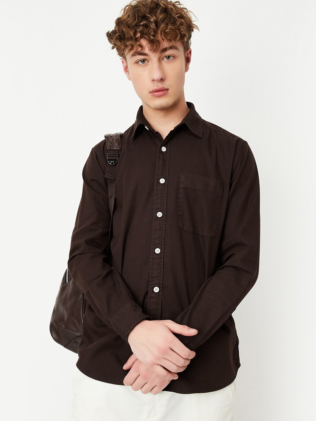

max Spread Collar Pure Cotton Casual Shirt, Brown