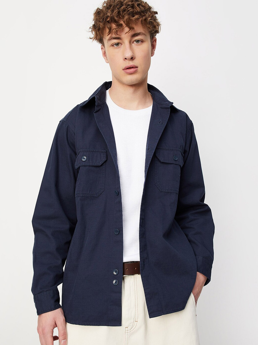 

max Spread Collar Cotton Casual Shirt, Navy blue