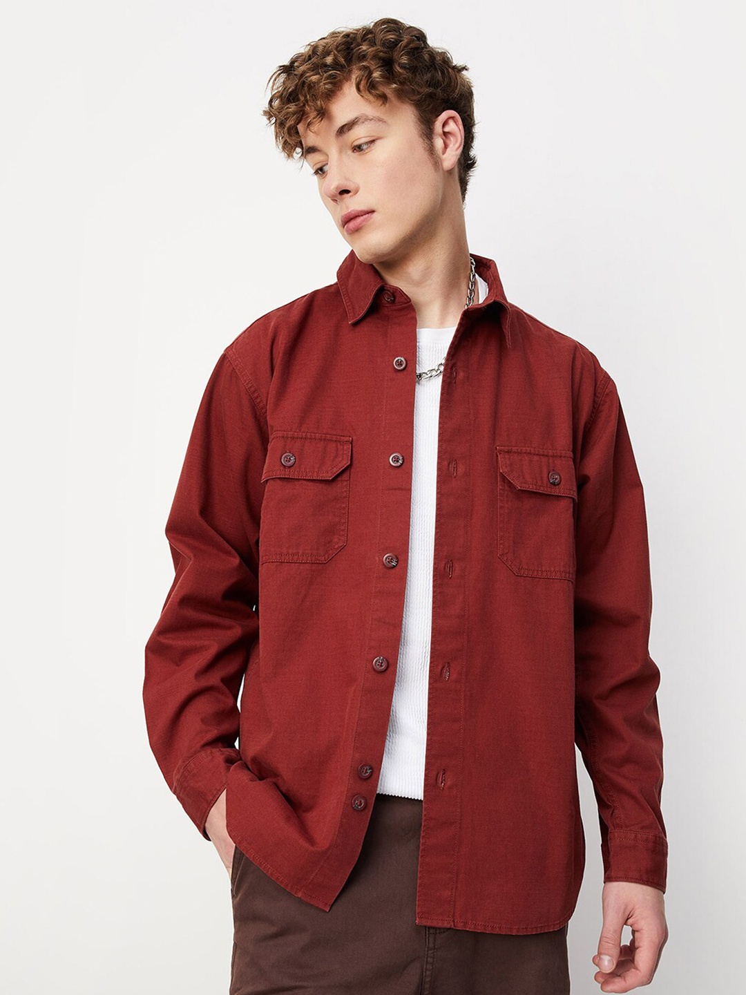 

max Spread Collar Pure Cotton Casual Shirt, Rust