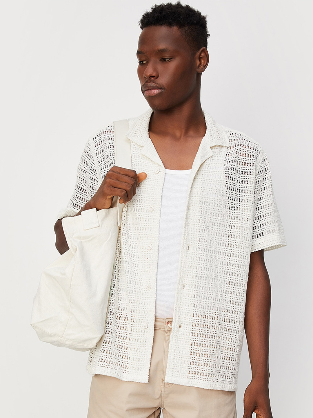 

max Men Self Designed Pure Cotton Casual Shirt, White