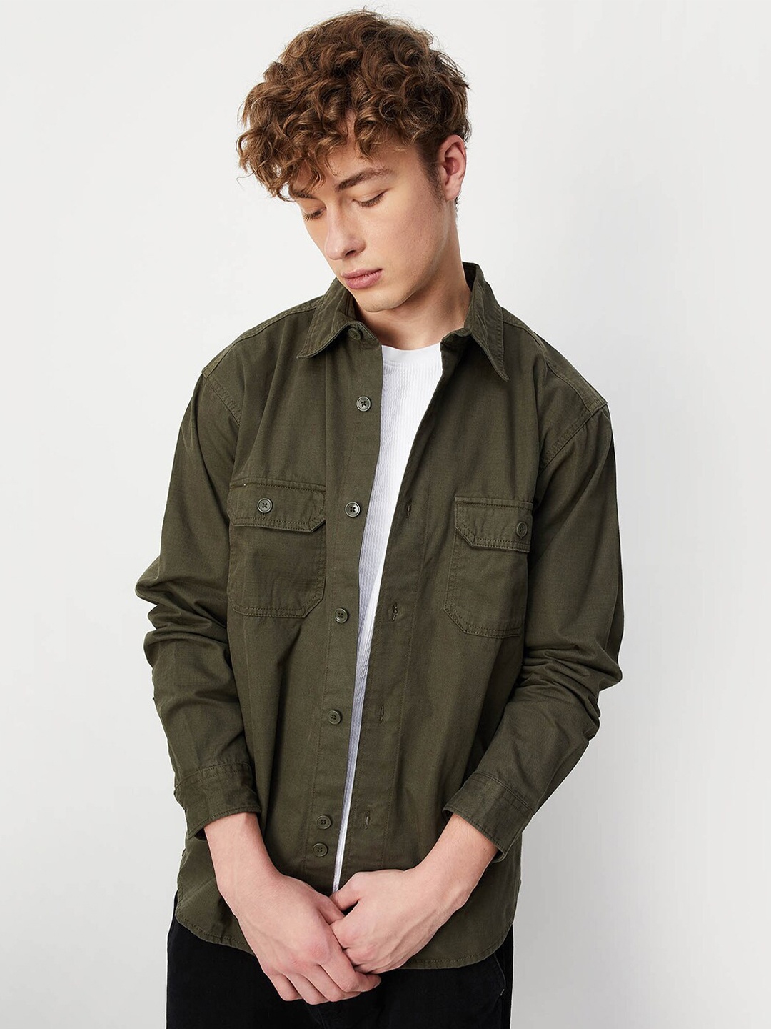 

max Spread Collar Cotton Casual Shirt, Green