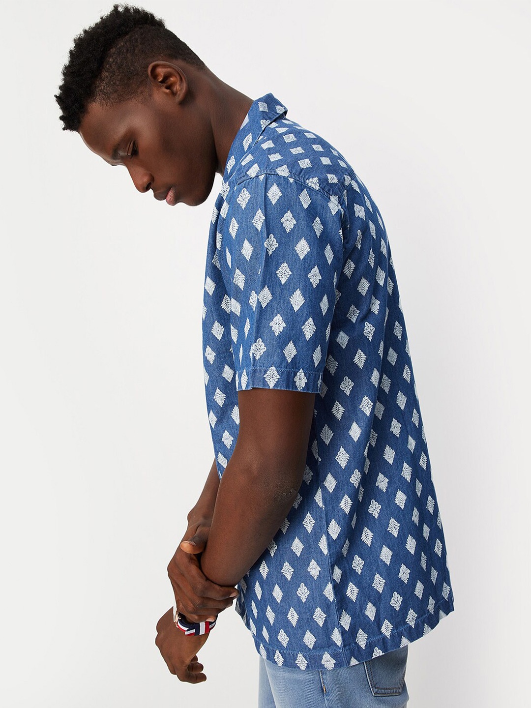 

max Floral Printed Cuban Collar Pure Cotton Casual Shirt, Blue