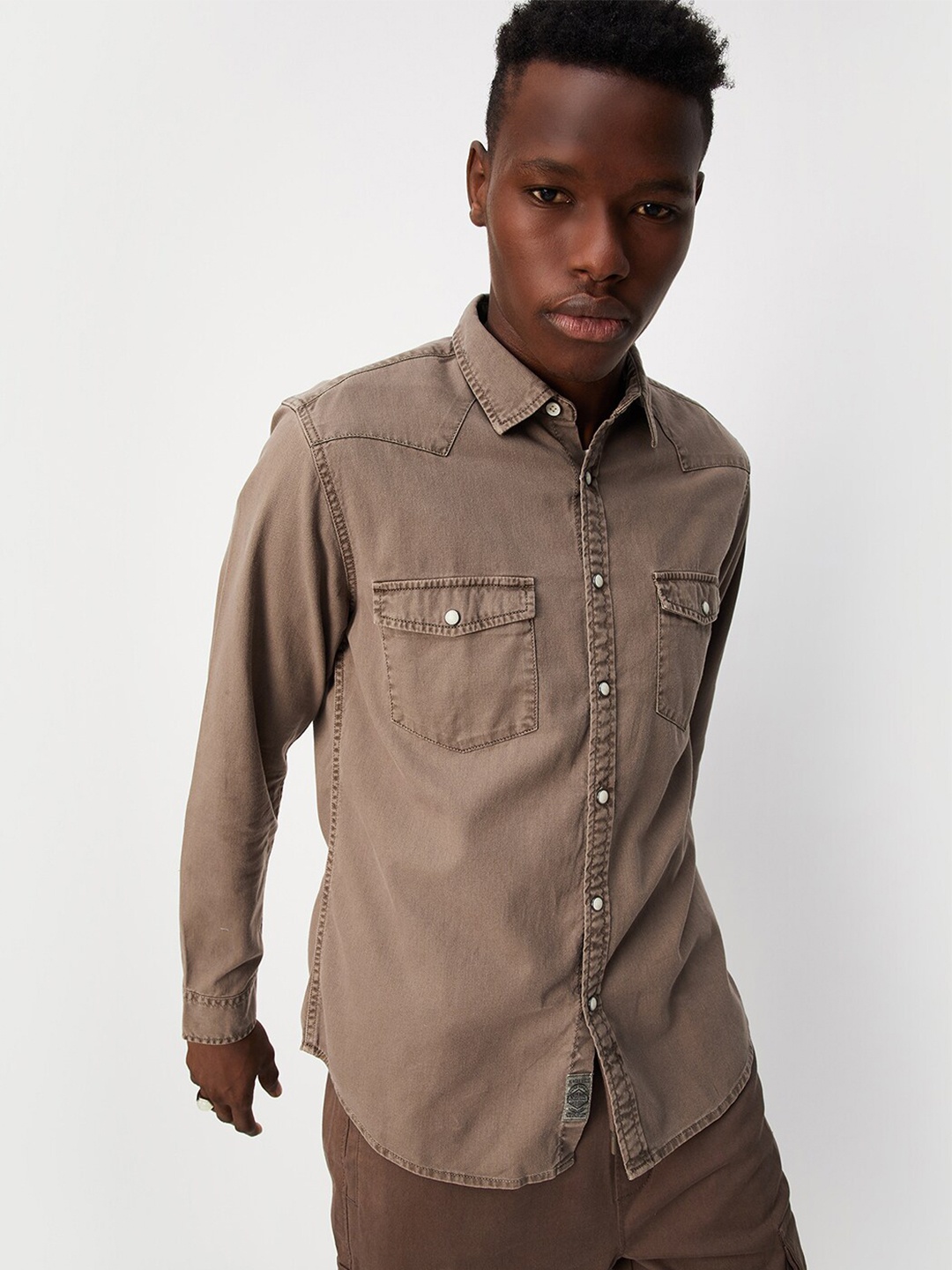 

max Spread Collar Pure Cotton Casual Shirt, Brown