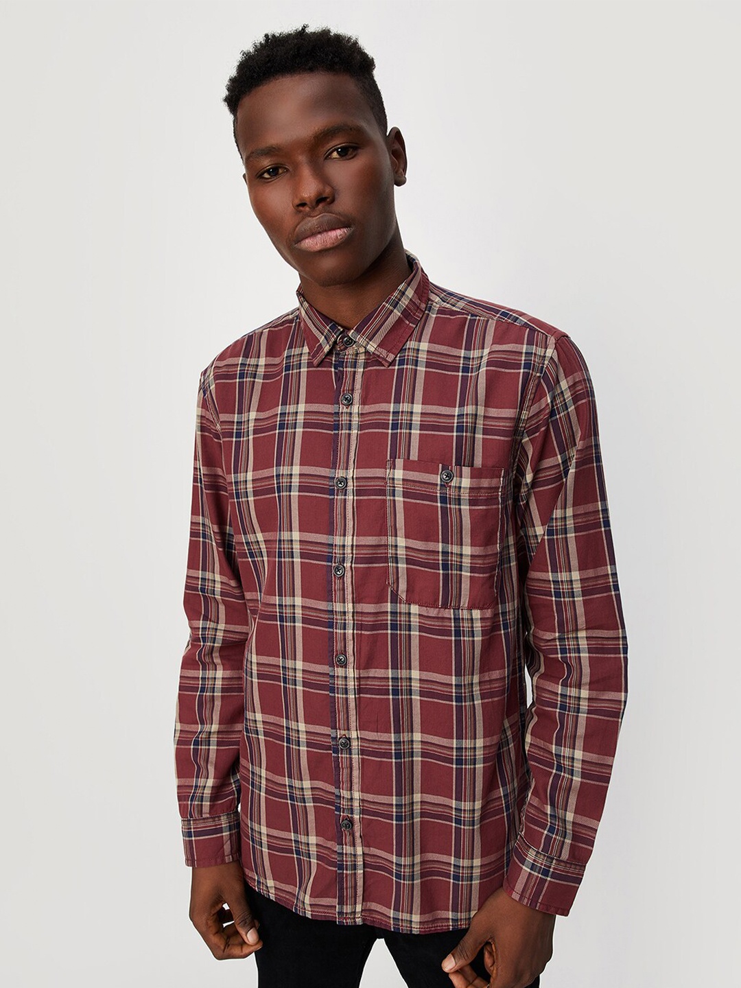 

max Tartan Checked Spread Collar Pure Cotton Casual Shirt, Red