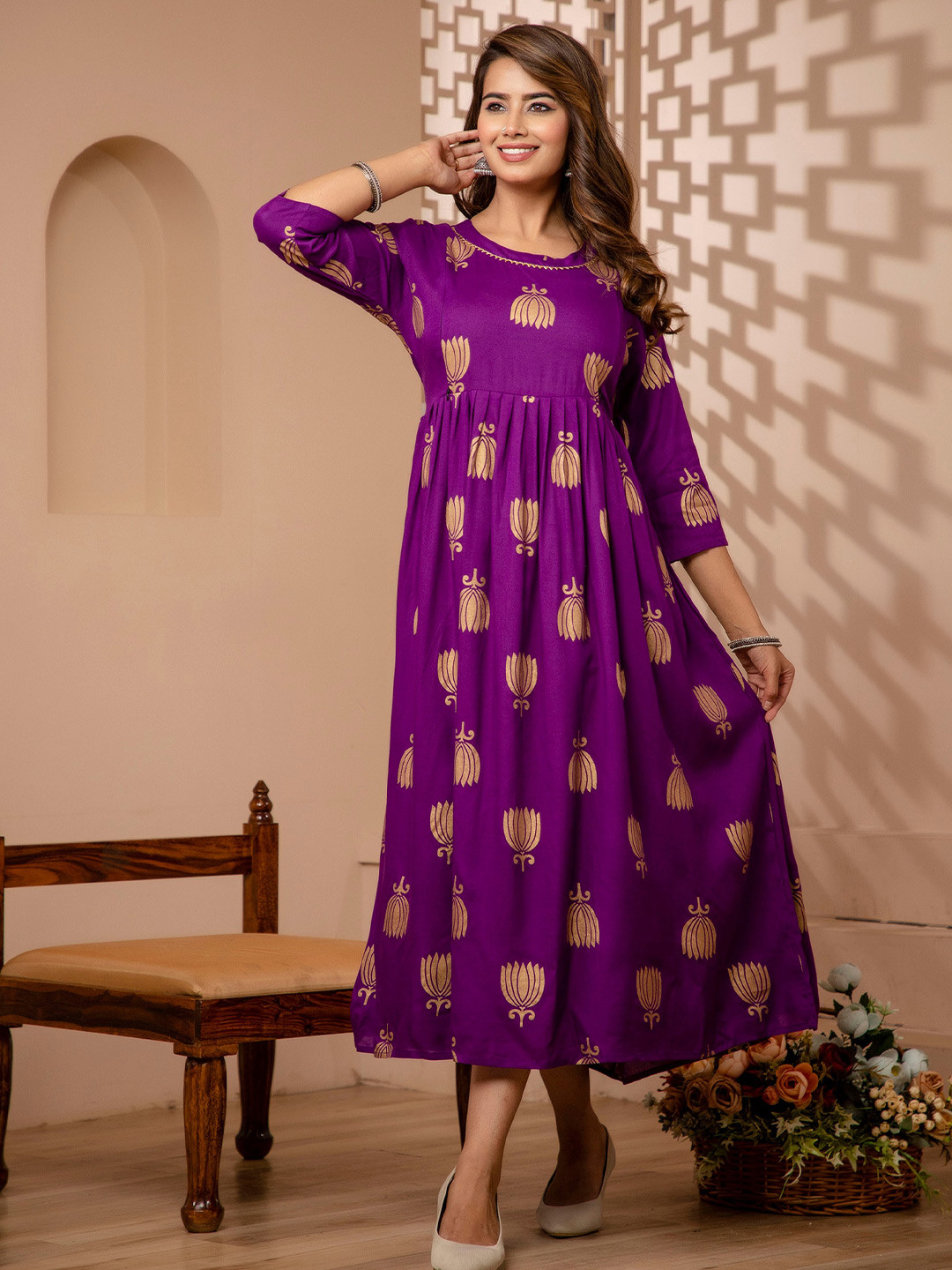

Mialo fashion Ethnic Motifs Printed Fit and Flared Midi Maternity Feeding Ethnic Dress, Purple