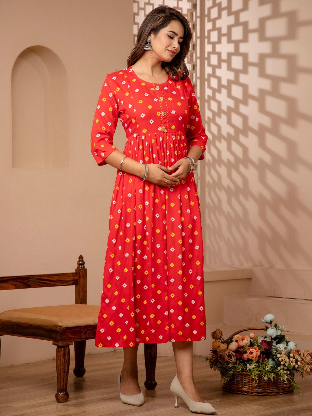 

Mialo fashion Geometric Printed Fit and Flared Midi Maternity Feeding Dress, Red