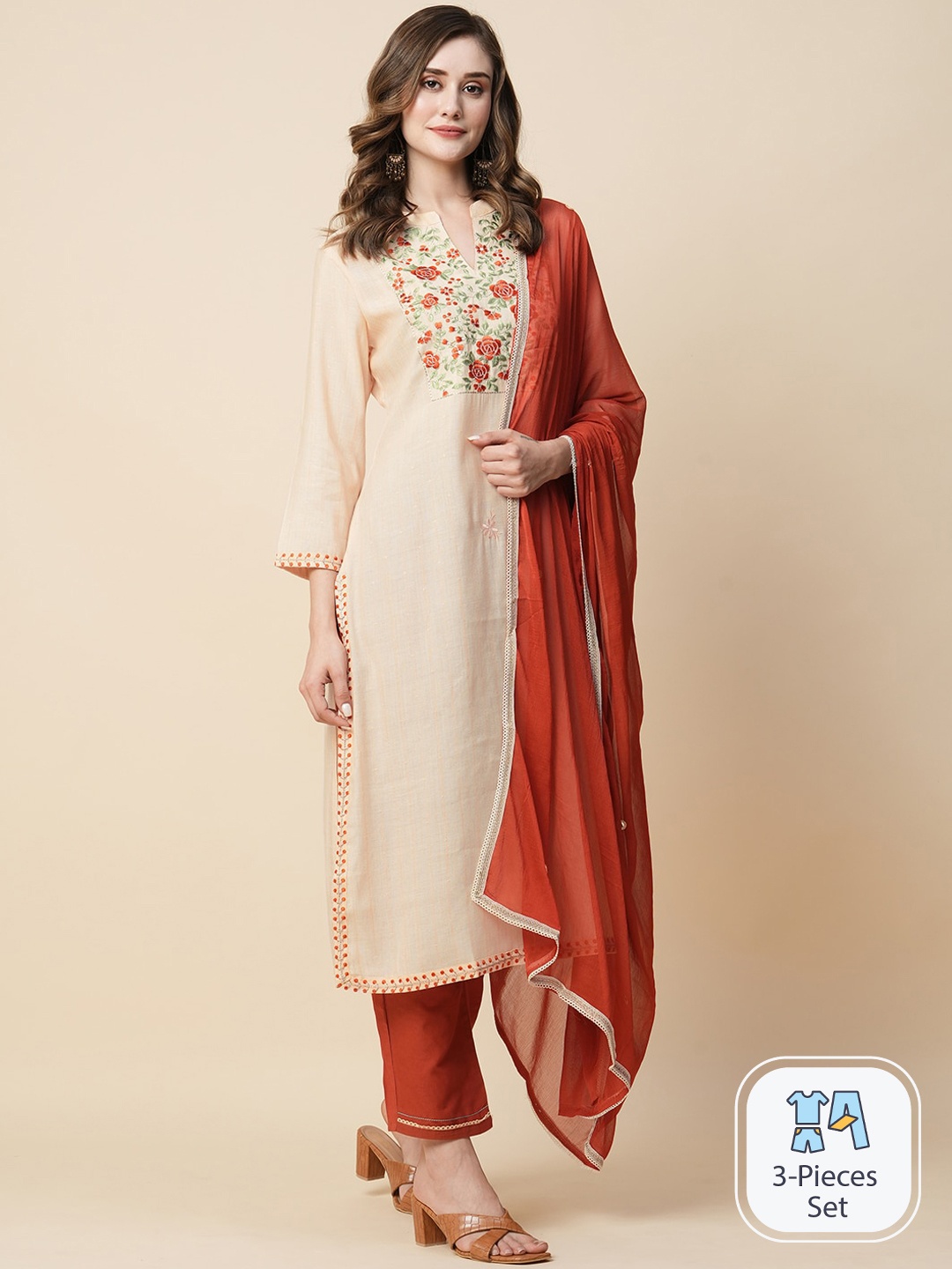 

Kiana Floral Yoke Design Regular Thread Work Pure Cotton Kurta With Trousers & Dupatta, Orange