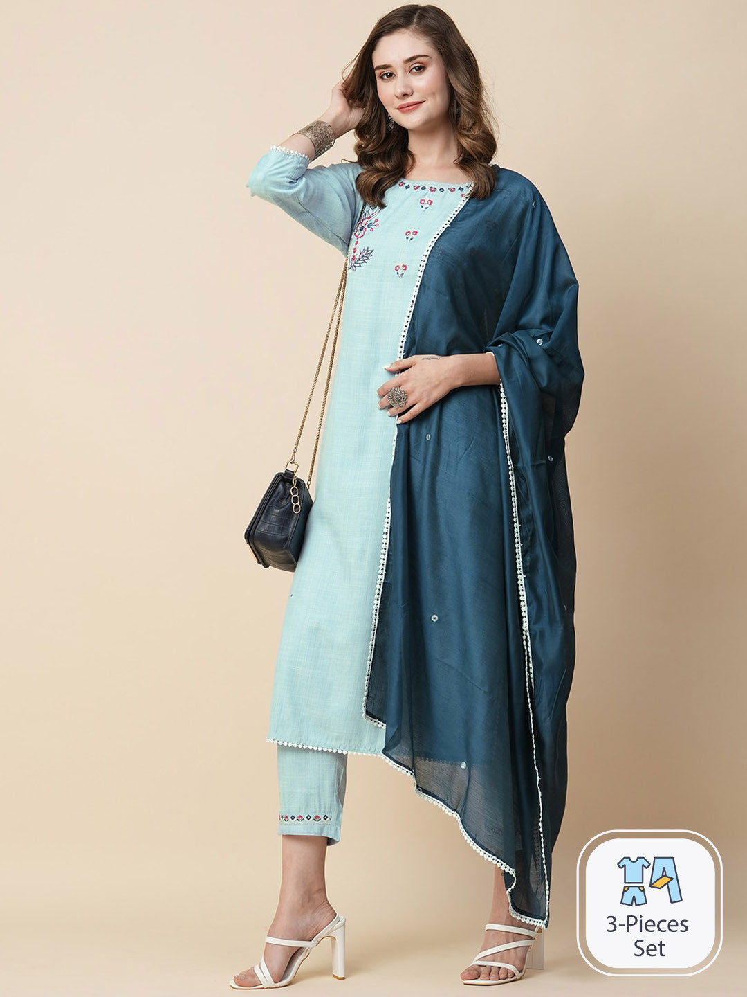 

Kiana Floral Yoke Design Kurta with Trousers & Dupatta, Blue