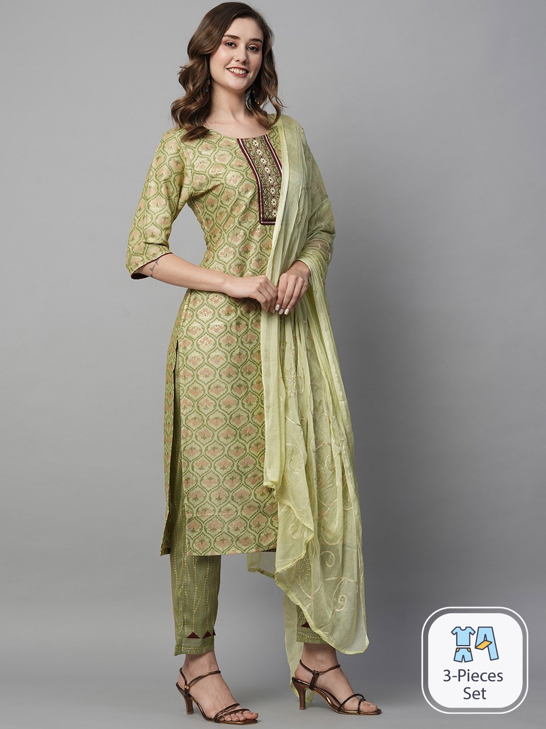 

Kiana Floral Printed Regular Thread Work Straight Kurta & Trousers With Dupatta, Green
