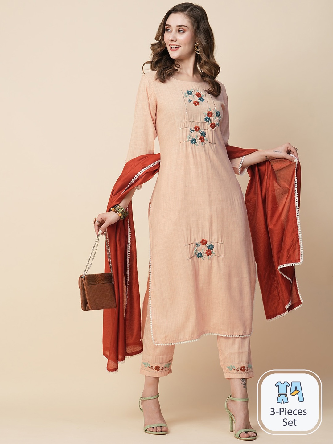 

Kiana Floral Embroidered Regular Straight Kurta & Trousers With Dupatta, Peach