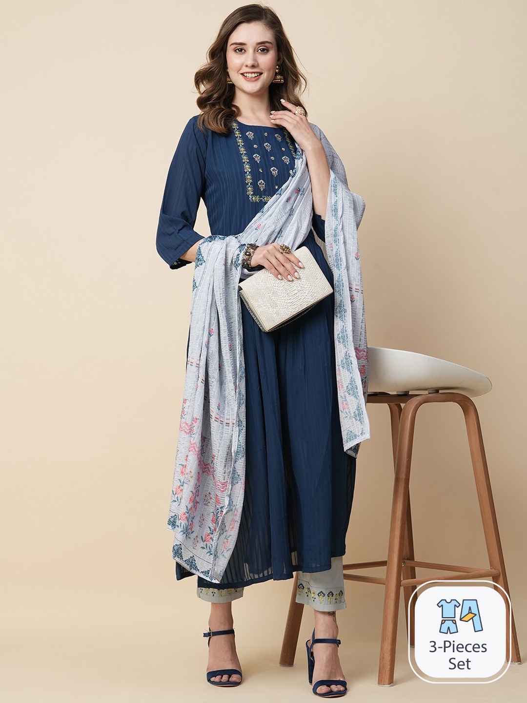 

Kiana Floral Embroidered Regular Thread Work Kurta With Trousers & Dupatta, Blue