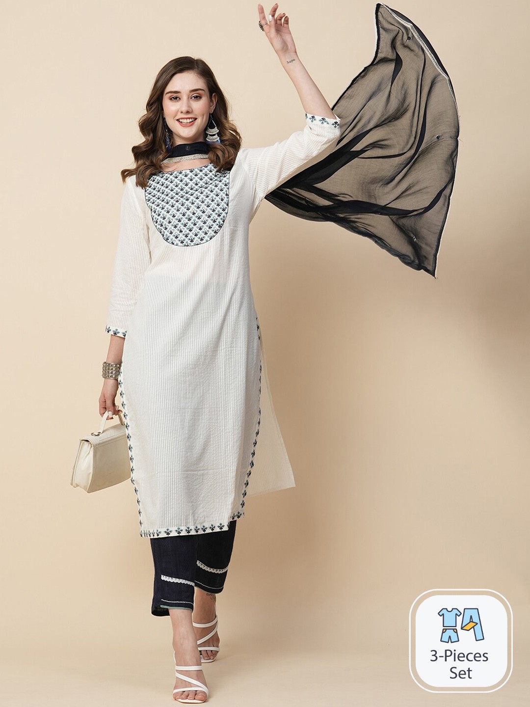 

Kiana Floral Yoke Design Regular Pure Cotton Kurta With Trousers & Dupatta, White