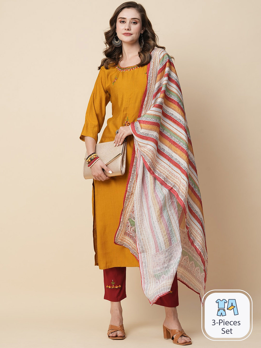 

Kiana Floral Embroidered Regular Straight Kurta & Trousers With Dupatta, Mustard