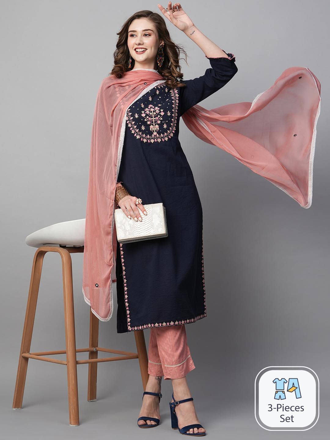 

Kiana Ethnic Motifs Embroidered Regular Pure Cotton Kurta With Trousers & Dupatta, Blue