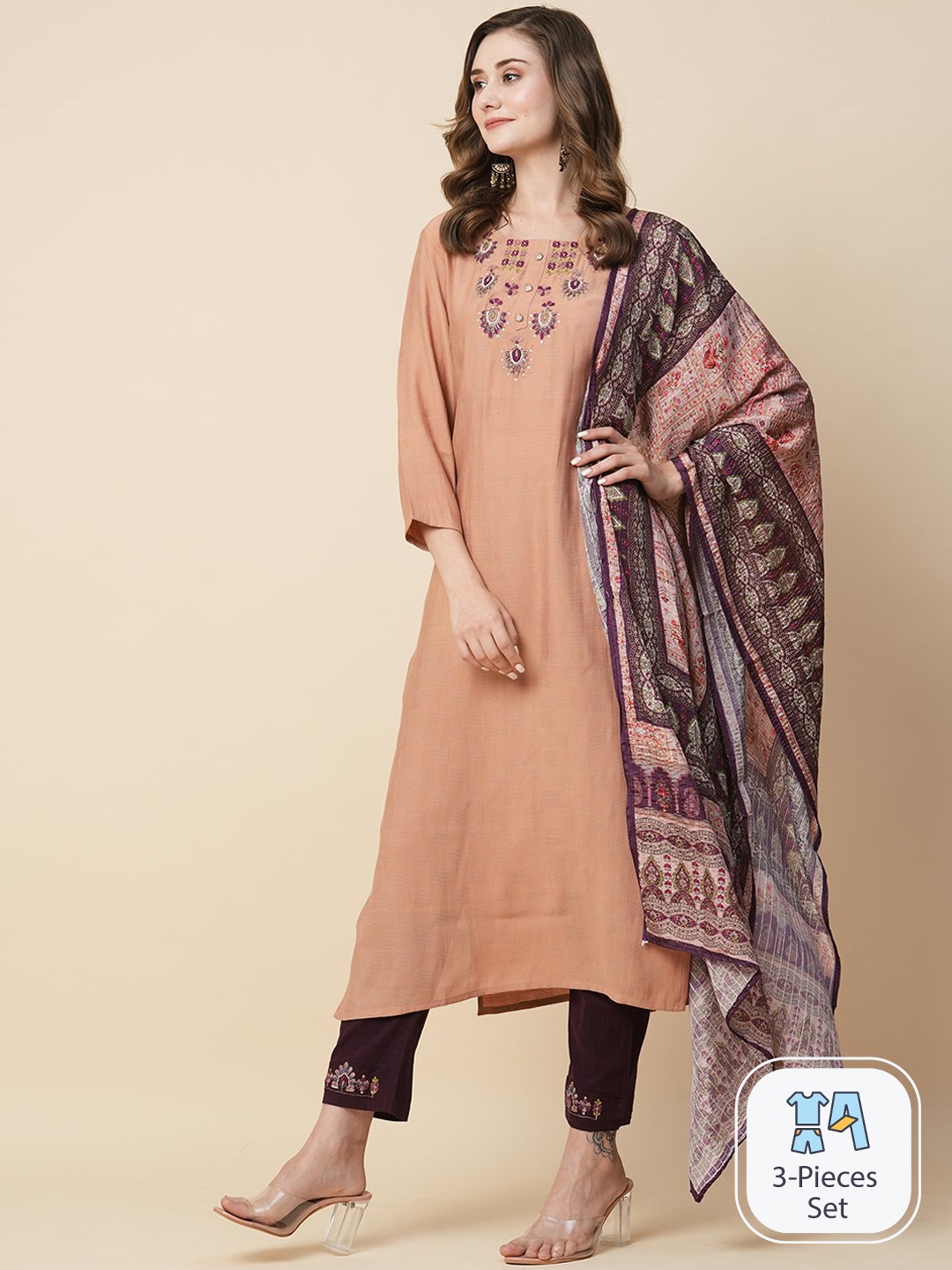 

Kiana Floral Embroidered Regular A-Line Kurta & Trousers With Dupatta, Beige