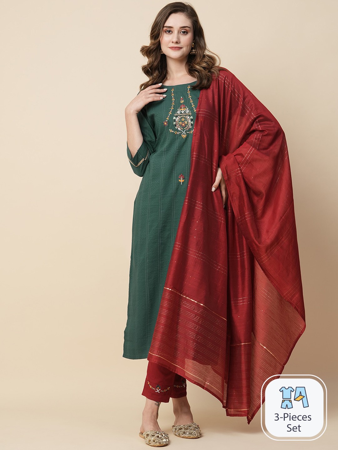 

Kiana Ethnic Motifs Yoke Design Regular Kurta With Trousers & Dupatta, Green