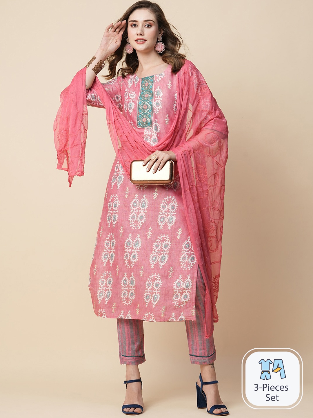 

Kiana Ethnic Motifs Embroidered Regular Kurta With Trousers & Dupatta, Pink