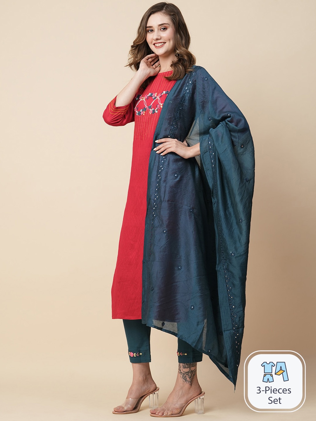 

Kiana Floral Embroidered Beads and Stones Regular Straight Kurta & Trousers With Dupatta, Red