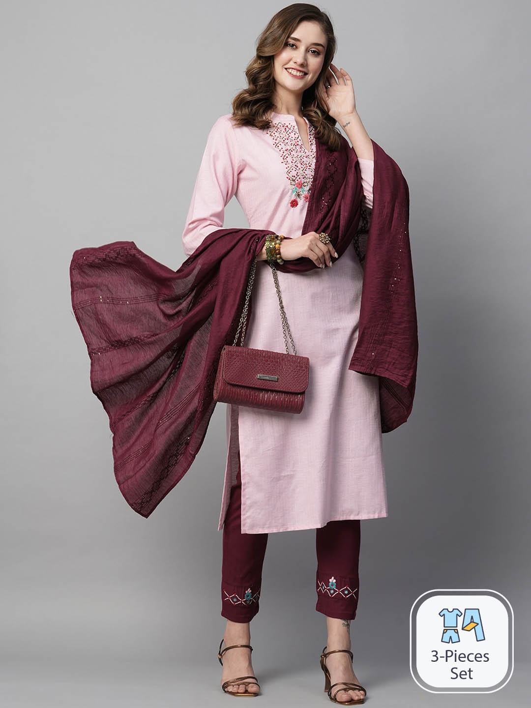 

Kiana Floral Embroidered Regular Straight Kurta & Trousers With Dupatta, Pink
