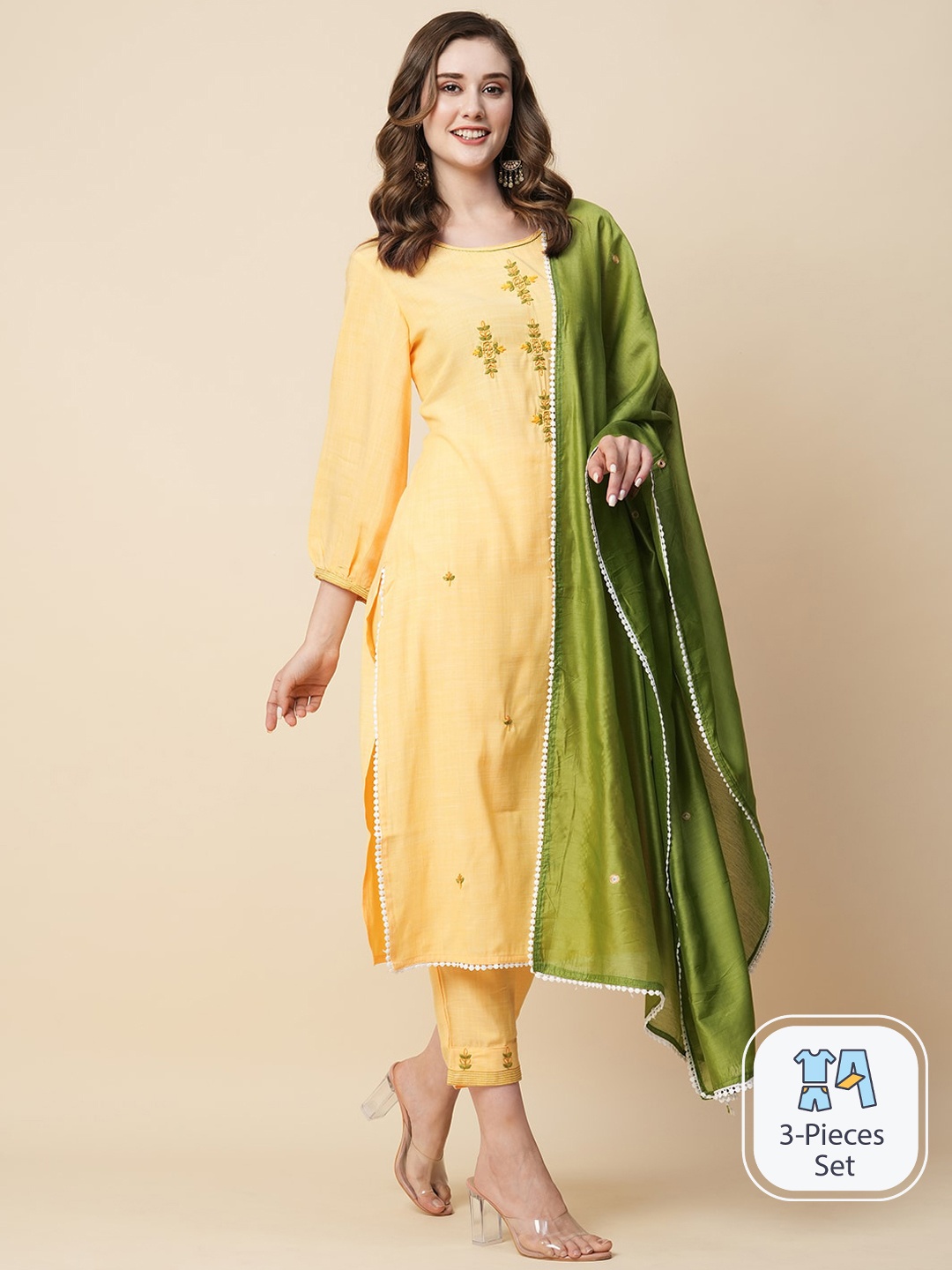 

Kiana Floral Embroidered Regular Straight Kurta & Trousers With Dupatta, Yellow