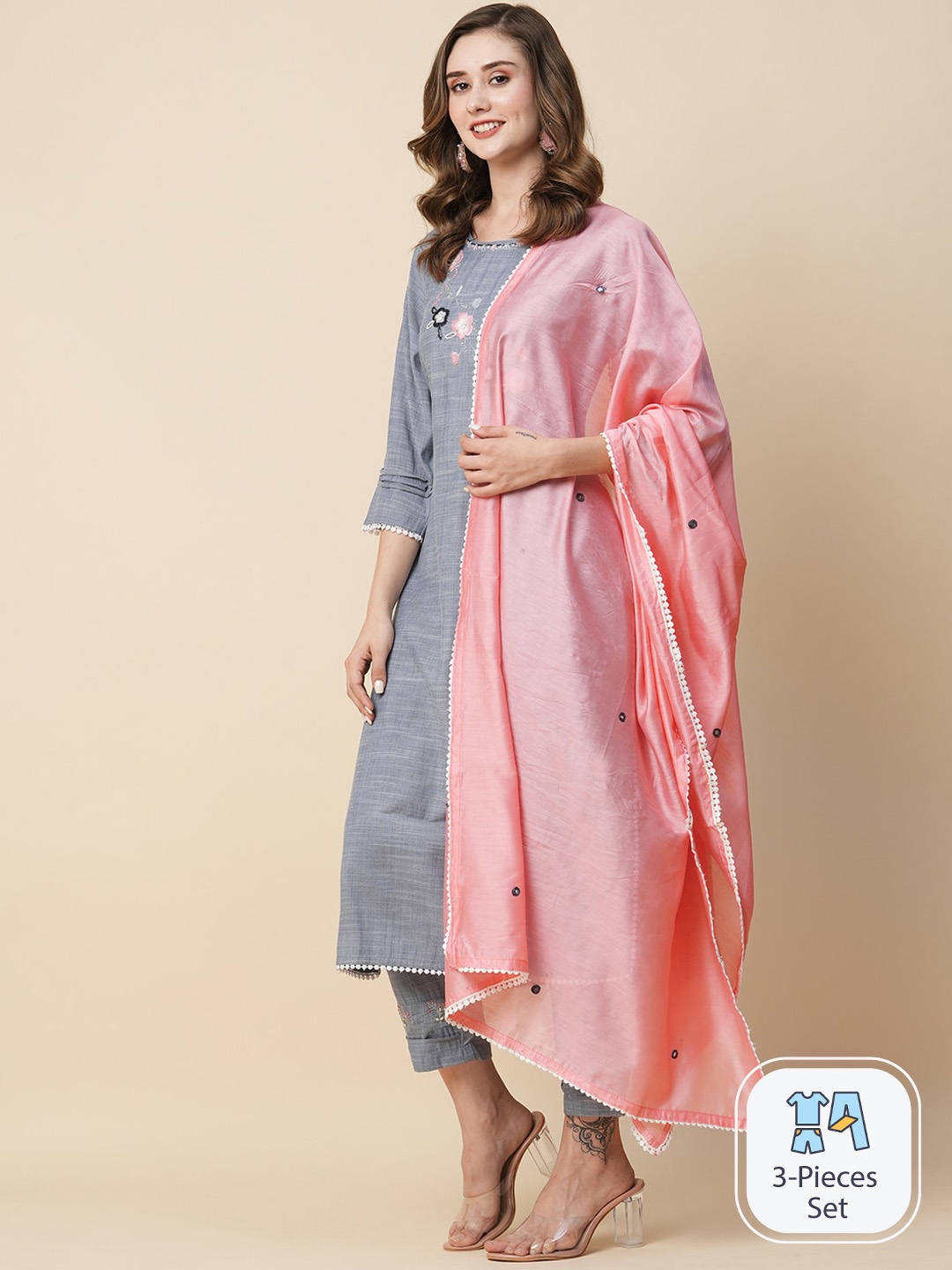 

Kiana Floral Embroidered Regular Straight Kurta & Trousers With Dupatta, Grey