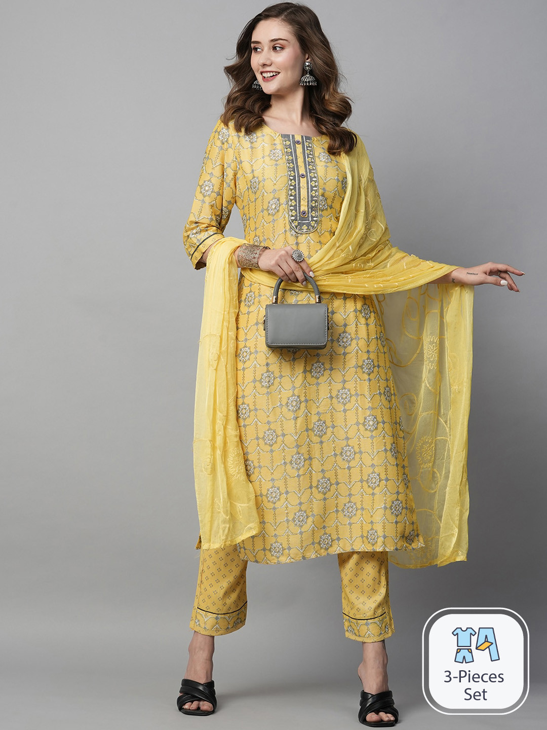 

Kiana Ethnic Motifs Printed Regular Kurta with Trousers & With Dupatta, Yellow