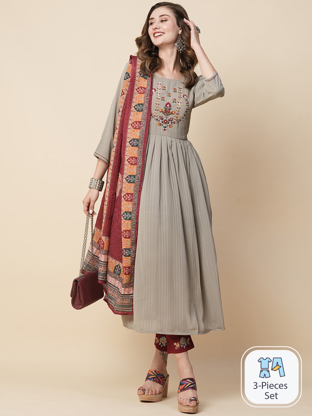 Kiana Floral Embroidered Regular Anarkali Kurta & Trousers With Dupatta, Khaki