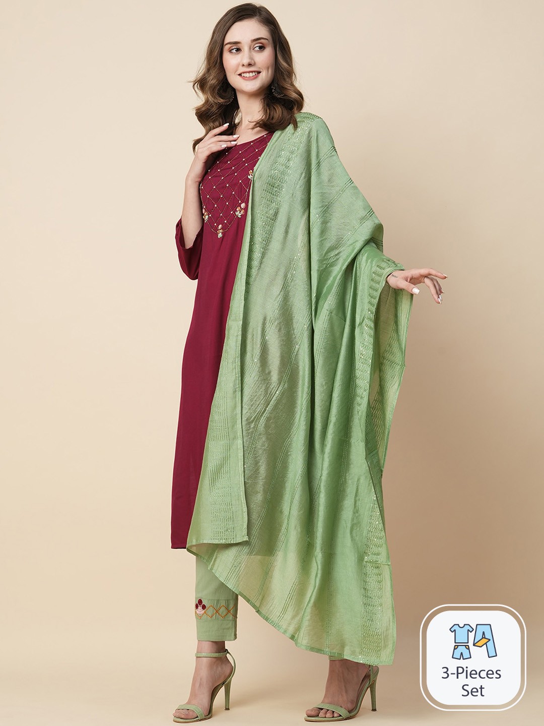 

Kiana Floral Yoke Design Regular Thread Work Kurta With Trousers & Dupatta, Maroon