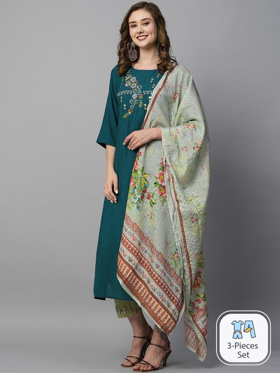 

Kiana Floral Yoke Design Regular Kurta with Trousers & Dupatta, Blue