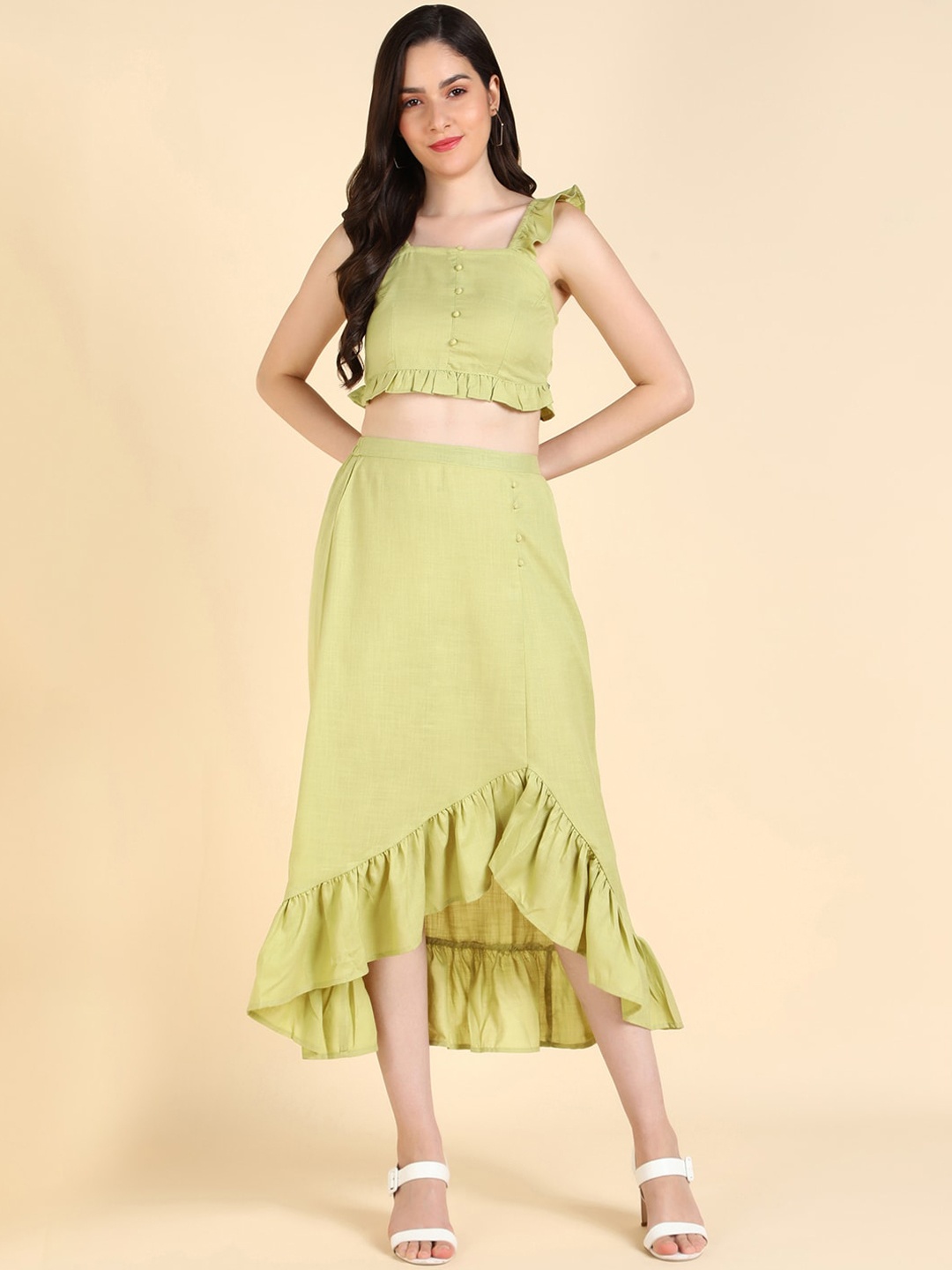 

Mast & Harbour Shoulder Straps Ruffles Top & Skirt, Green