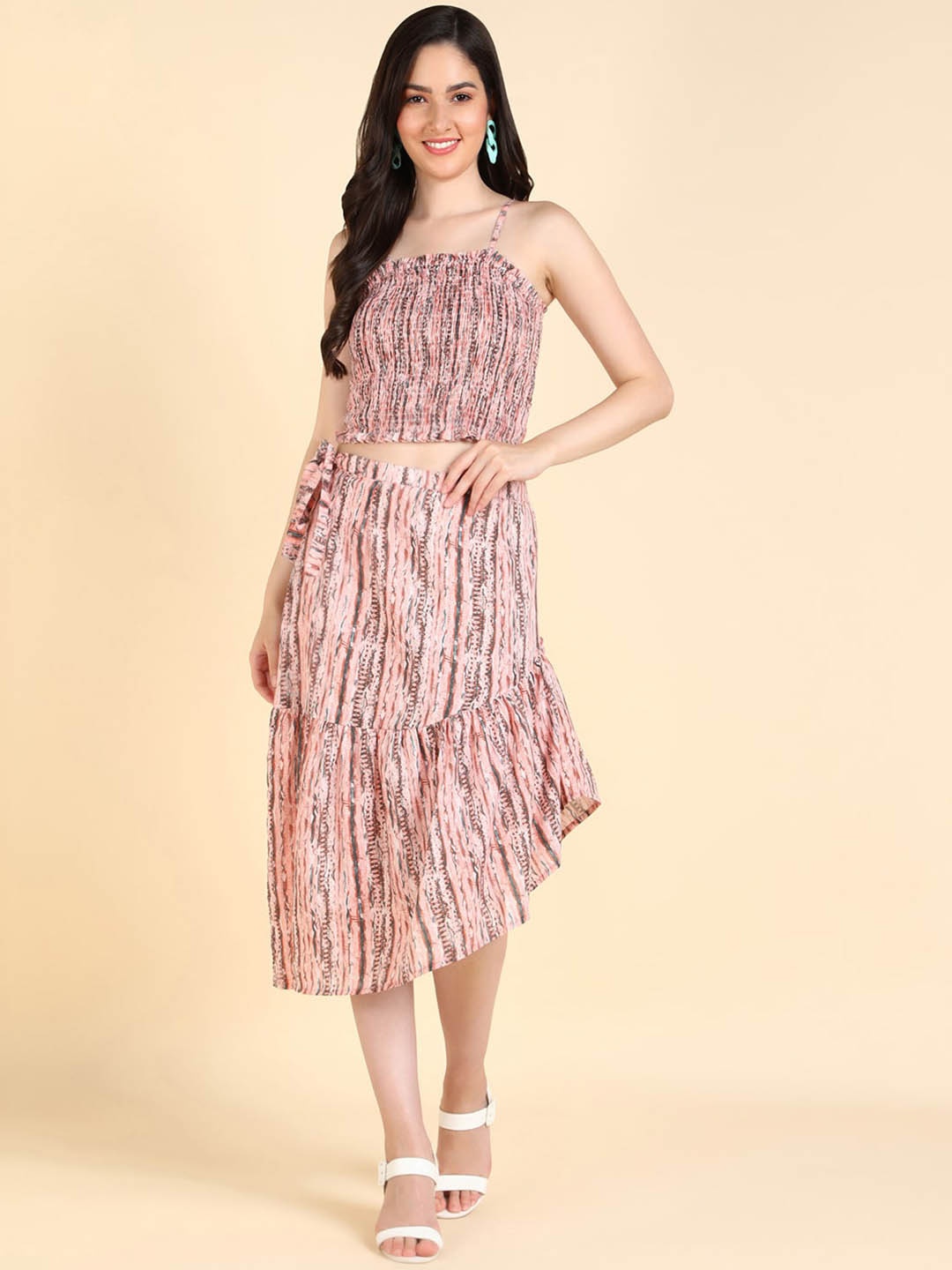 

Mast & Harbour Geometric Printed Shoulder Straps Top With Skirt, Peach