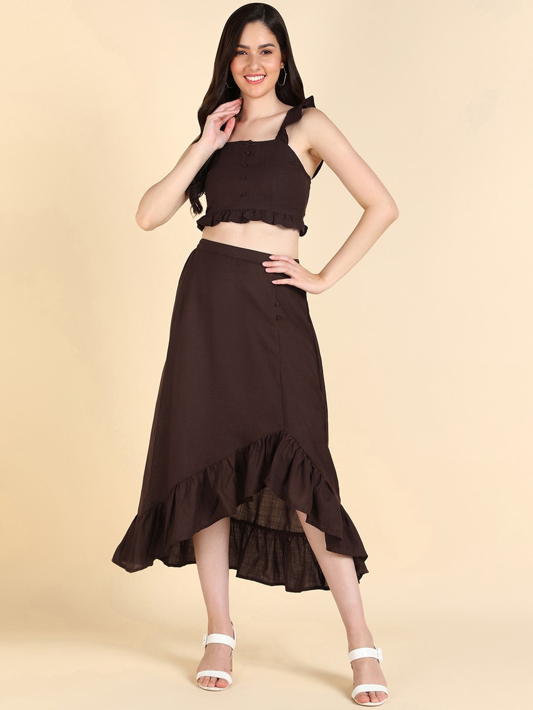 

Mast & Harbour Shoulder Straps Ruffles Top & Skirt, Brown
