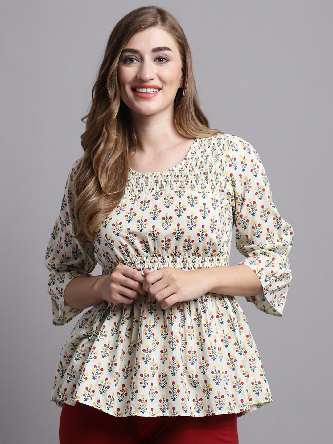 

Rajnandini Floral Printed Cotton Peplum Top, Cream