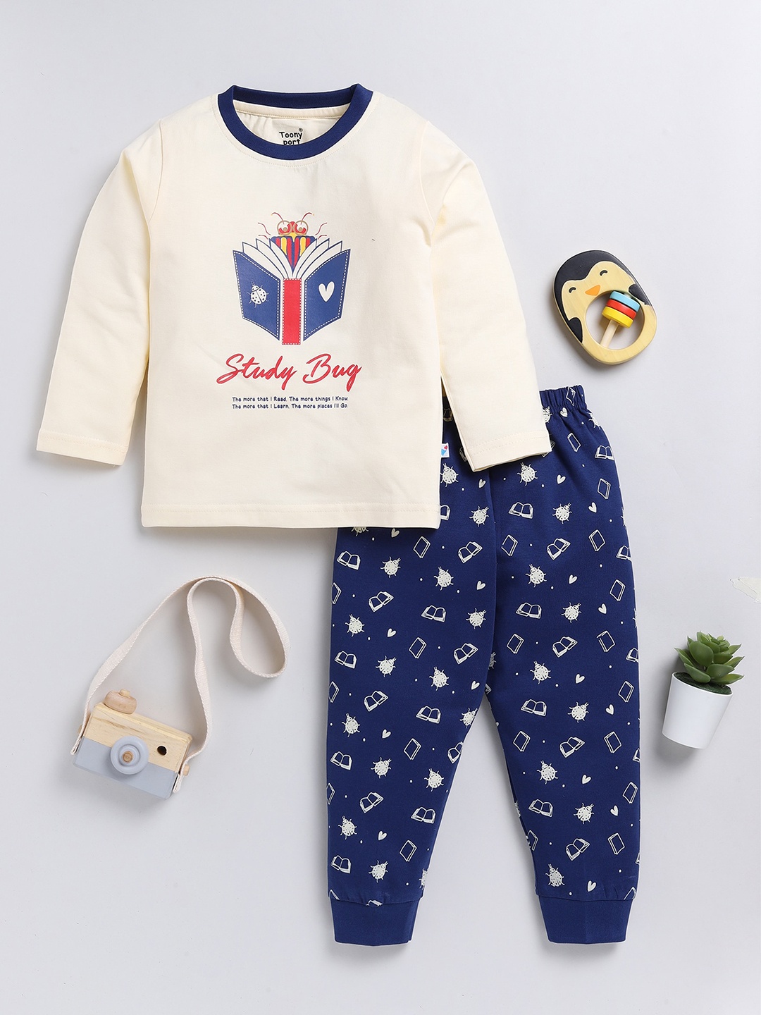 

Toonyport Girls Printed Pure Cotton T-shirt With Trousers, Cream