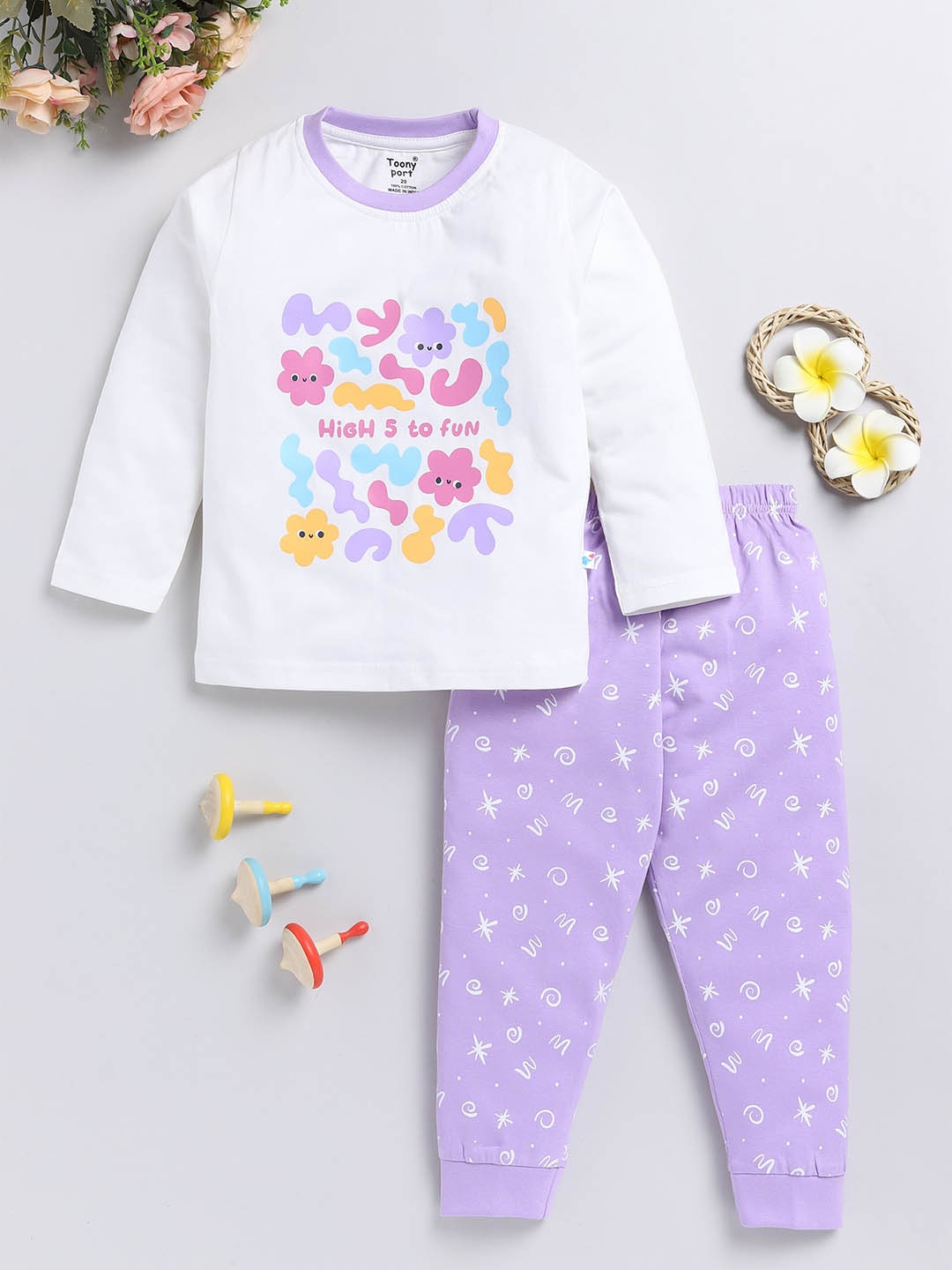 

Toonyport Girls Printed Pure Cotton T-shirt With Trousers, White