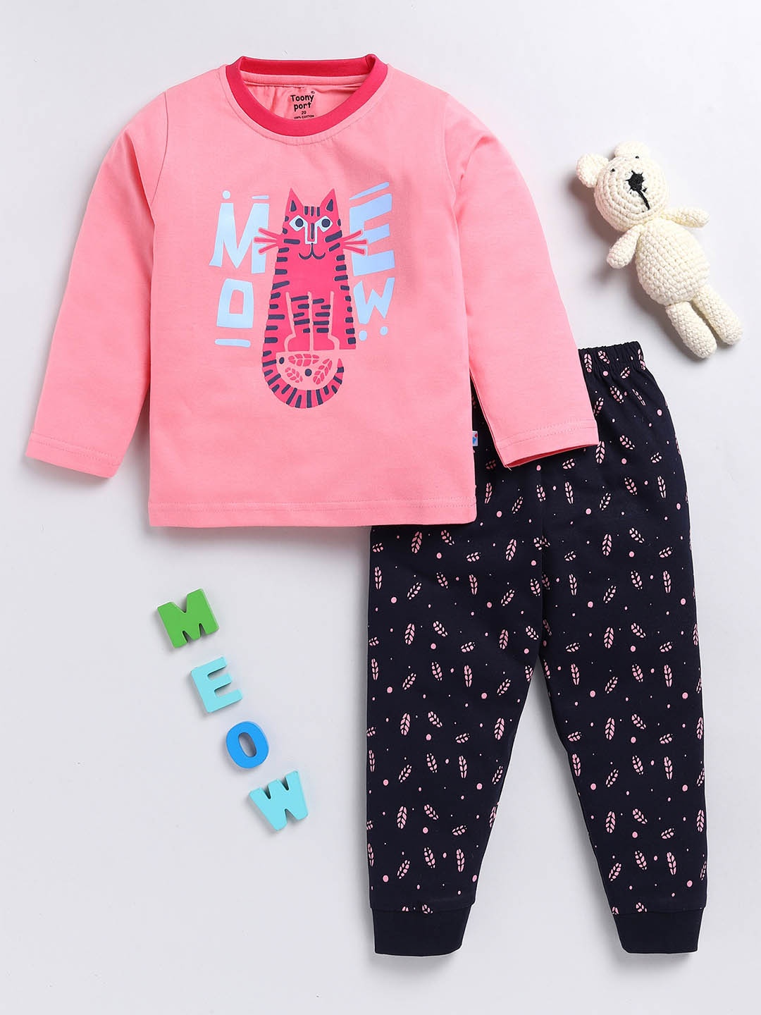 

Toonyport Girls Printed Cotton T-shirt With Trousers, Pink