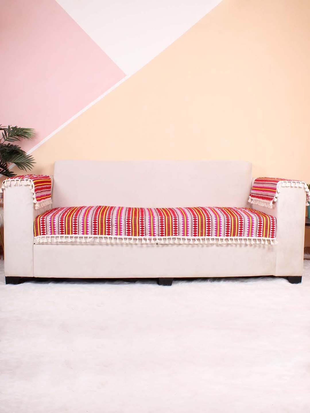 

STITCHNEST Red & Yellow Jacquard Printed 3-Seater Sofa Cover