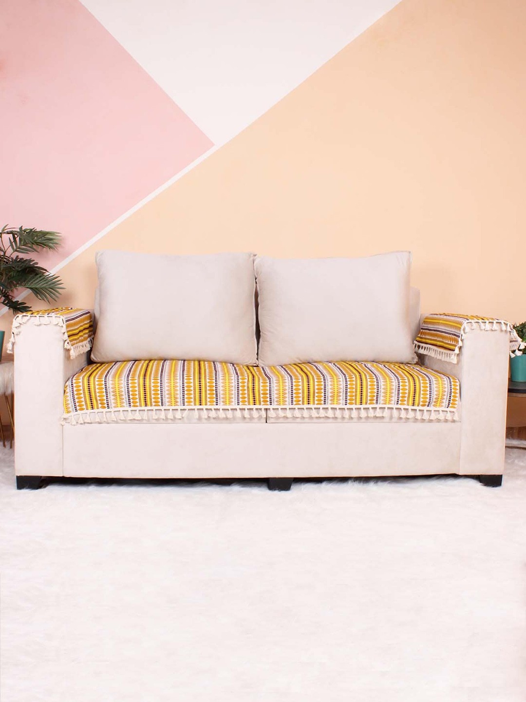 

STITCHNEST Yellow Printed Jacquard 2-Seater Sofa Cover